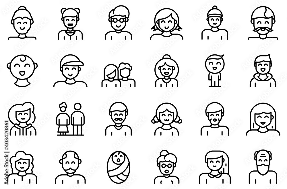 Generation icons set. Outline set of generation vector icons for web design isolated on white background Generation icons set. Outline set of generation vector icons for web design isolated on white background