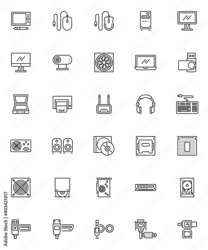 Computer hardware line icons set. linear style symbols collection, outline signs pack. vector graphics. Set includes icons as hard disk, usb, laptop computer, cpu microchip, power unit, pc mouse Computer hardware line icons set. linear style symbols collection, outline signs pack. vector graphics. Set includes icons as hard disk, usb, laptop computer, cpu microchip, power unit, pc mouse