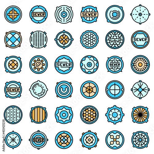 Manhole icons set. Outline set of manhole vector icons thin line color flat on white