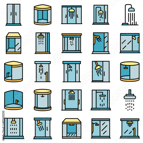 Shower stall icons set. Outline set of shower stall vector icons thin line color flat on white