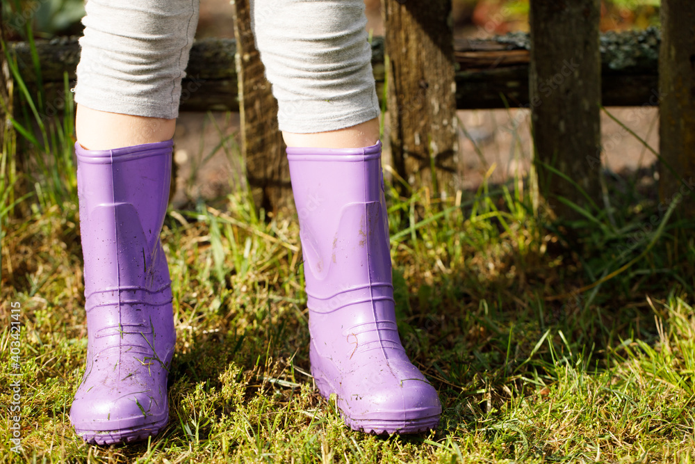 Baby feet in purple rubber boots close-up.