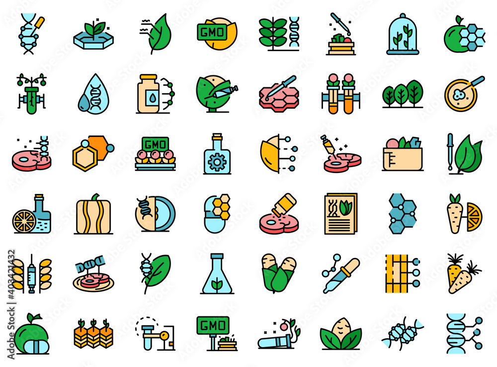 Gmo food icons set. Outline set of gmo food vector icons thin line color flat on white Gmo food icons set. Outline set of gmo food vector icons thin line color flat on white