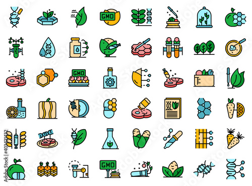 Gmo food icons set. Outline set of gmo food vector icons thin line color flat on white