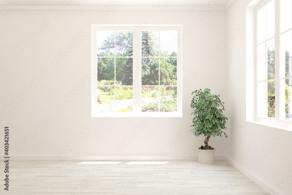Stylish empty room in white color with summer landscape in window. Scandinavian interior design. 3D illustration Stylish empty room in white color with summer landscape in window. Scandinavian interior design. 3D illustration
