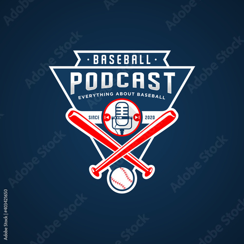 Podcast baseball emblem logo design premium vector