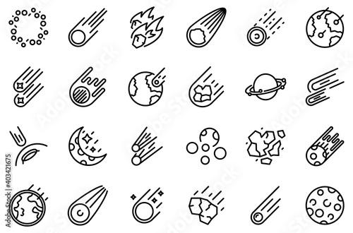 Asteroid icons set. Outline set of asteroid vector icons for web design isolated on white background