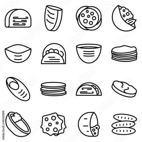 Pita bread icons set. Outline set of pita bread vector icons for web design isolated on white background
