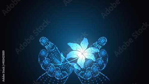Vector illustration of artificial intelligence holding a plant in hand. Science, futuristic, web, network concept,communications, high technology. EPS 10 © popitius