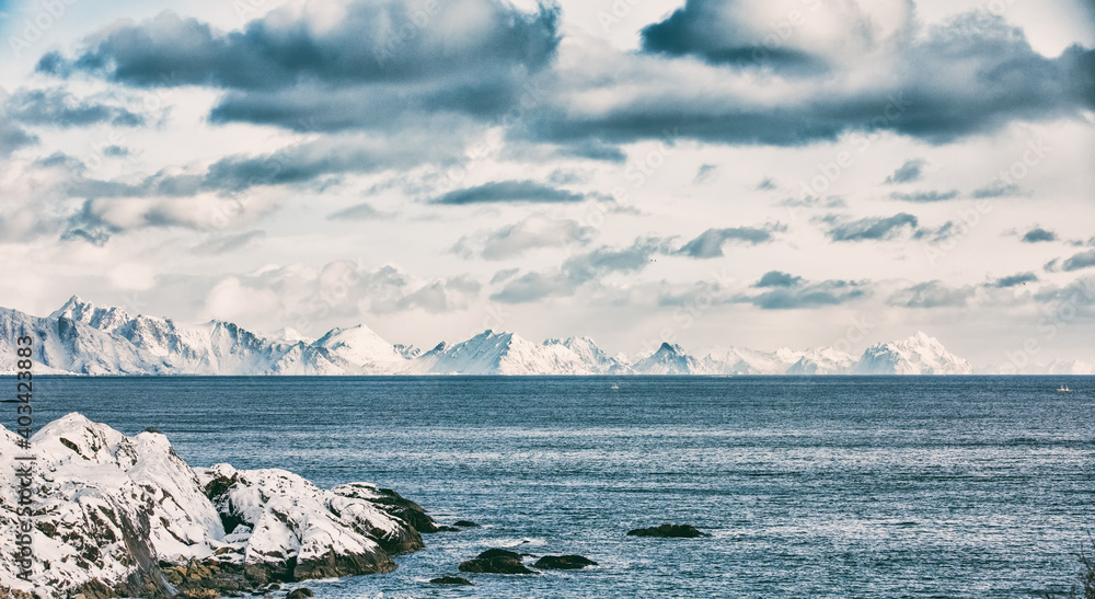Norway. Lofoten. Beautiful landscape. Mountains and blue sky.