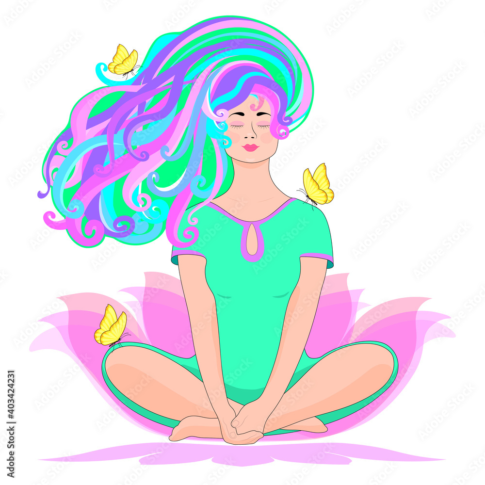 A woman meditates in nature . The pose and the Lotus flower. The butterflies are yellow. Conceptual illustration for yoga, meditation, relaxation, relaxation, healthy lifestyle.