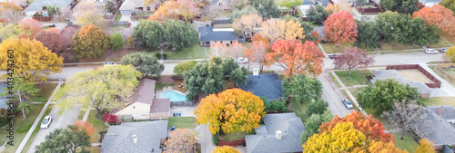 Panoramic top view suburban neighborhood with large houses and beautiful fall foliage near Dallas, Texas, USA