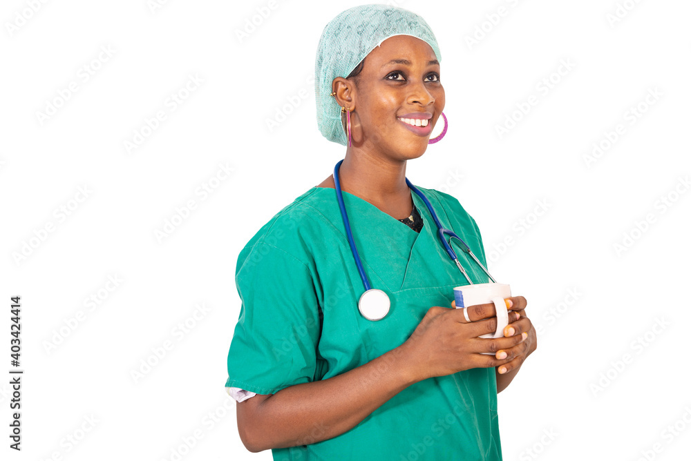 young female doctor holding a cup of coffee. young female doctor holding a cup of coffee.