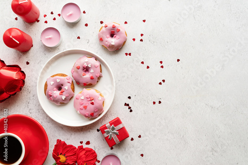 Heart shaped donut with strawberry glaze - Valentines day concept, selective focus