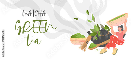 Matcha green tea banner or flyer design with female character, flat vector illustration on white background. Young woman is holding above her head cup with brewed green matcha drink.
