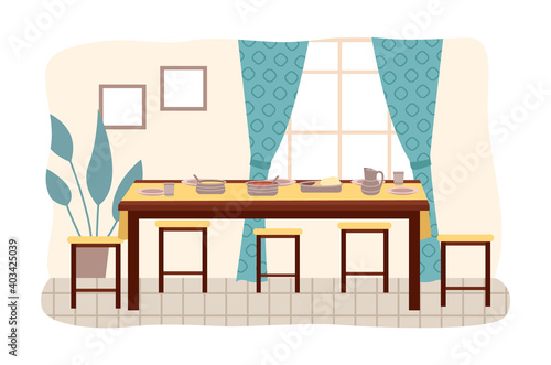 Dining room in Indian style interior design. Table with pitas and Dal soup vector illustration. Furniture model for the interior of room for eating and spending time. Arrangement of furniture at home