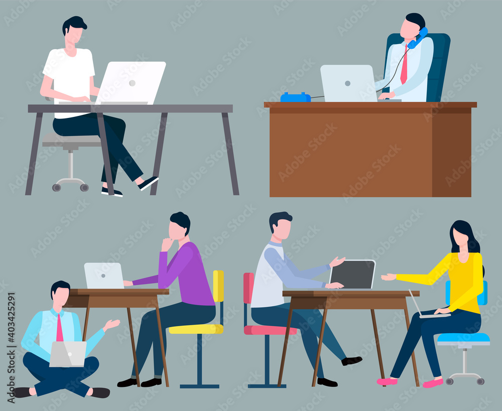Businessman or businesswoman in brokers company vector. Financial investments assitants or transfer agents at desk, laptops or computer and telephone