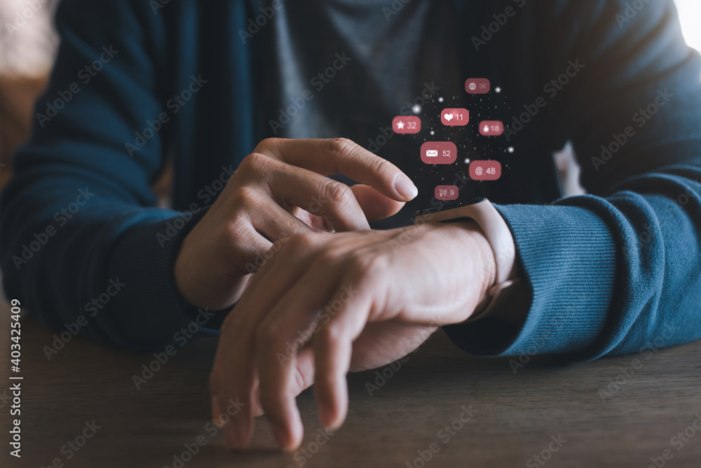 Hands touch icon customer network connection on smart watch Hands touch icon customer network connection on smart watch