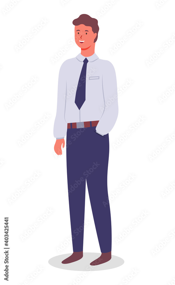 Businessman portrait, executive smiling man wearing shirt and tie, pants, cheerful confident guy, cartoon character in flat style, stylish young office worker, employee avatar, manager, consultant