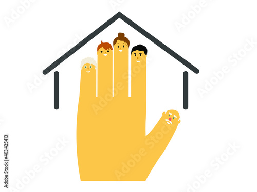 Hand with fingers in the shape of family members together under the roof of the house. The concept of unity, care and support of loved ones. Vector graphics