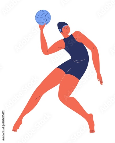 Young woman is swimsuit ready for ball throw in water polo match. Vector sport character isolated on white background