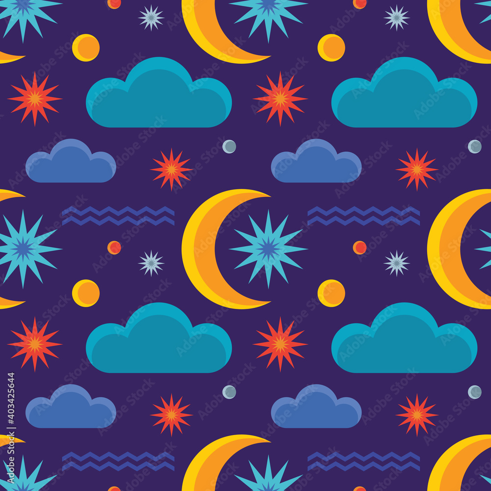 Background blue night kids cartoon style. Abstract sky cosmic seamless pattern. Sweet dreams wallpaper. Vector illustration. Background blue night kids cartoon style. Abstract sky cosmic seamless pattern. Sweet dreams wallpaper. Vector illustration.