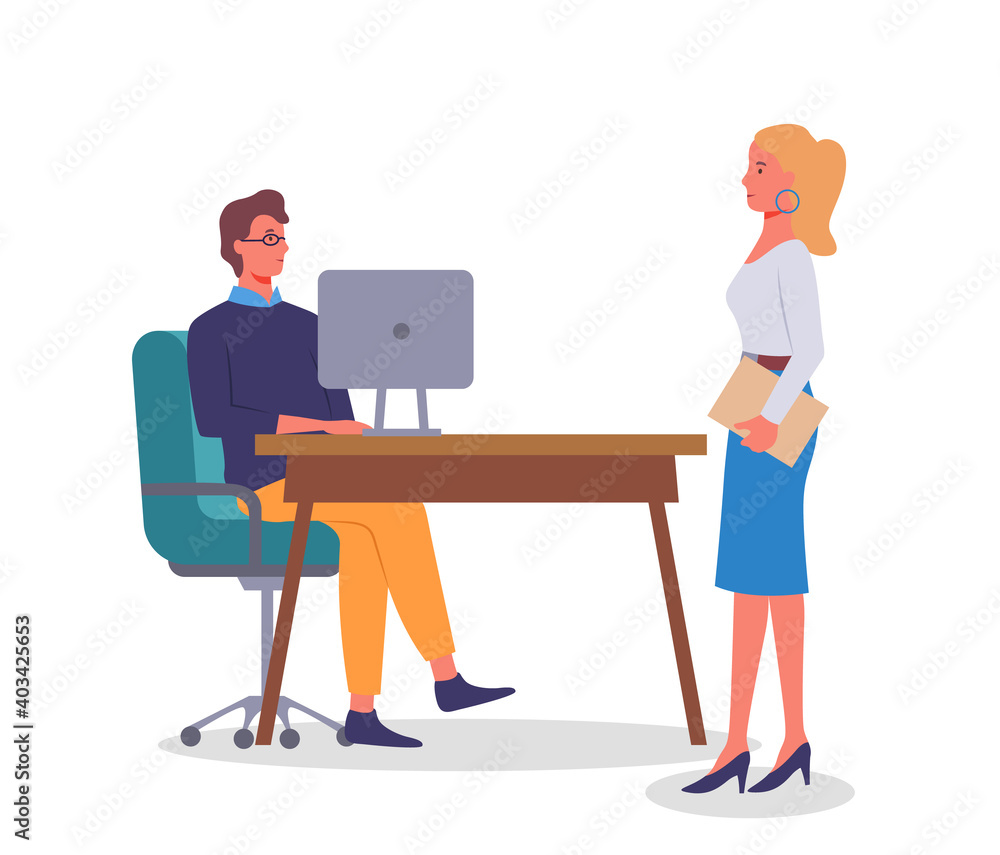 Blond woman in modern clothes stands and talks, man with glasses at table with monitor. Office meeting. Employees, colleagues or office staff. Communicate and work. Flat vector image isolated on white