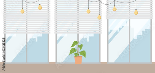 Houseplant on the window isolated on white. Simple flat style, in soft colors vector illustration. Potted plant on the windowsill with three windows with with roller shutters and a garland of bulbs