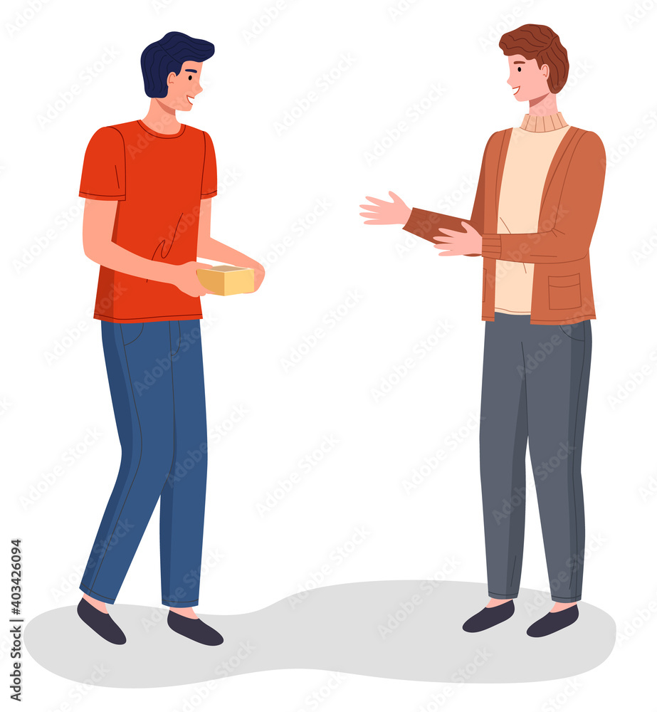 Fototapeta premium Businesspeople colleagues male characters are communicating, standing and talking. People are discussing working questions. Office workers, employee during the break isolated on white background