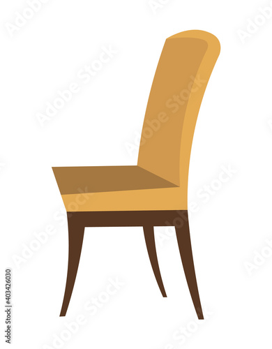 Yellow chair upholstered in cloth isolated on white background. Furniture for interior design flat vector illustration. Interior item on wooden legs. Furniture model made of wood for sitting
