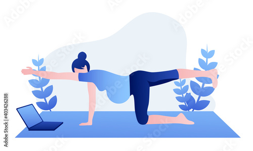 Illustration of a pregnant woman doing yoga online. Yoga classes in quarantine online. The concept of yoga, meditation, relaxation. Stock vector illustration EPS 10.