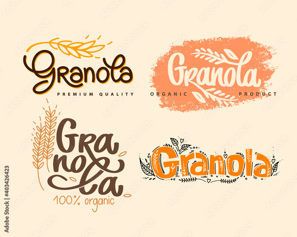 Granola logo set vector. Organic product. Collection of lettering