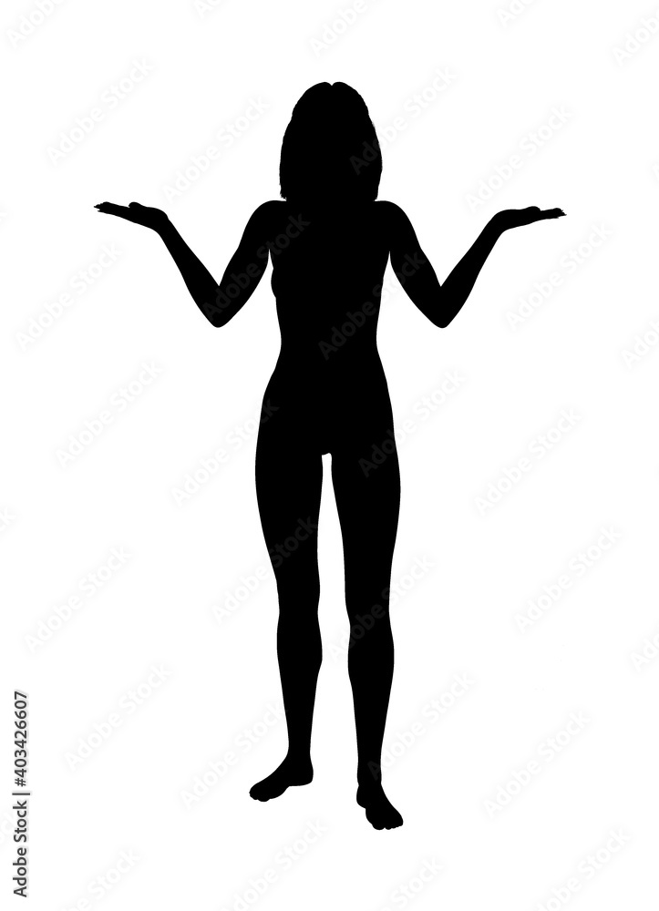 Illustration of the silhouette of a woman holding hands up in a whatever gesture isolated on a white background.