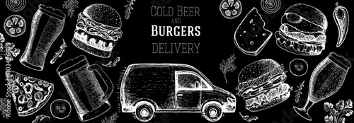 Menu of pub food delivery. Beer and burgers vector illustration. Delivery truck hand drawn vector illustration. Fast food, junk food frame. Elements for burgers restaurant menu design. Engraved image