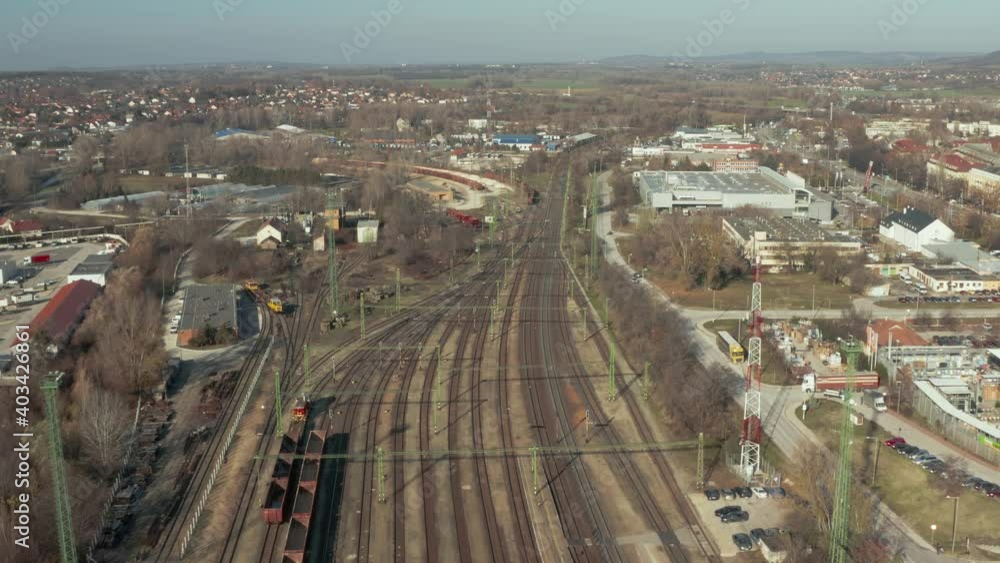 Many railway tracks of a station drone aerial view in the town of Tatabanya Many railway tracks of a station drone aerial view in the town of Tatabanya