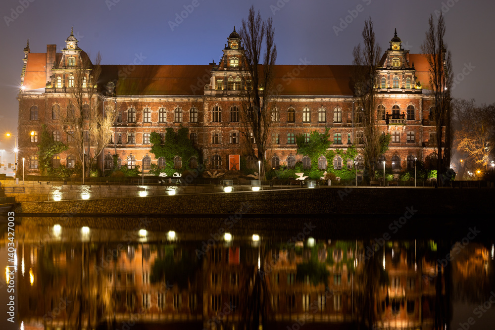 Beautiful library by the river. Night photography. Poland - Wroclaw. 