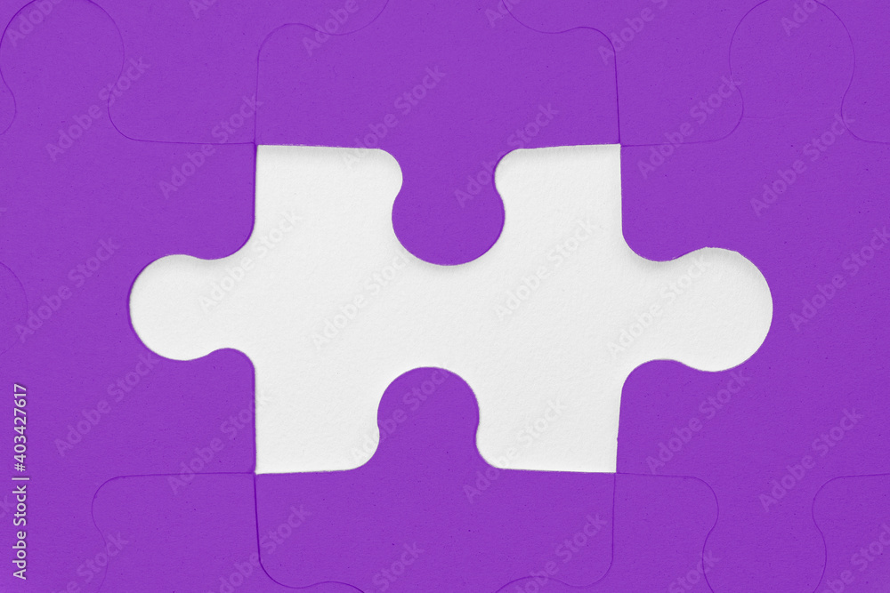 Purple jigsaw puzzle pieces, missing puzzle piece on white background Purple jigsaw puzzle pieces, missing puzzle piece on white background