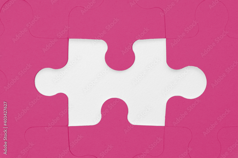 Pink jigsaw puzzle pieces, missing puzzle piece on white background Pink jigsaw puzzle pieces, missing puzzle piece on white background