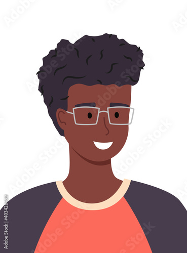Handsome and intelligent black or ethnic teenage boy or young man with glasses avatar. Smiling african american student talking portrait. Friendly cheerful dark male character wearing t-shirt
