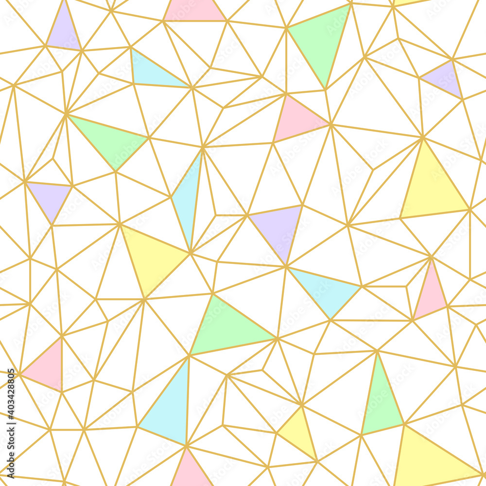 Vector seamless geometry wire pattern, triangle mosaic in gold and pastel colors. Geometric background for fabric, scrapbooking, wallpaper, wrapping. Vector seamless geometry wire pattern, triangle mosaic in gold and pastel colors. Geometric background for fabric, scrapbooking, wallpaper, wrapping.