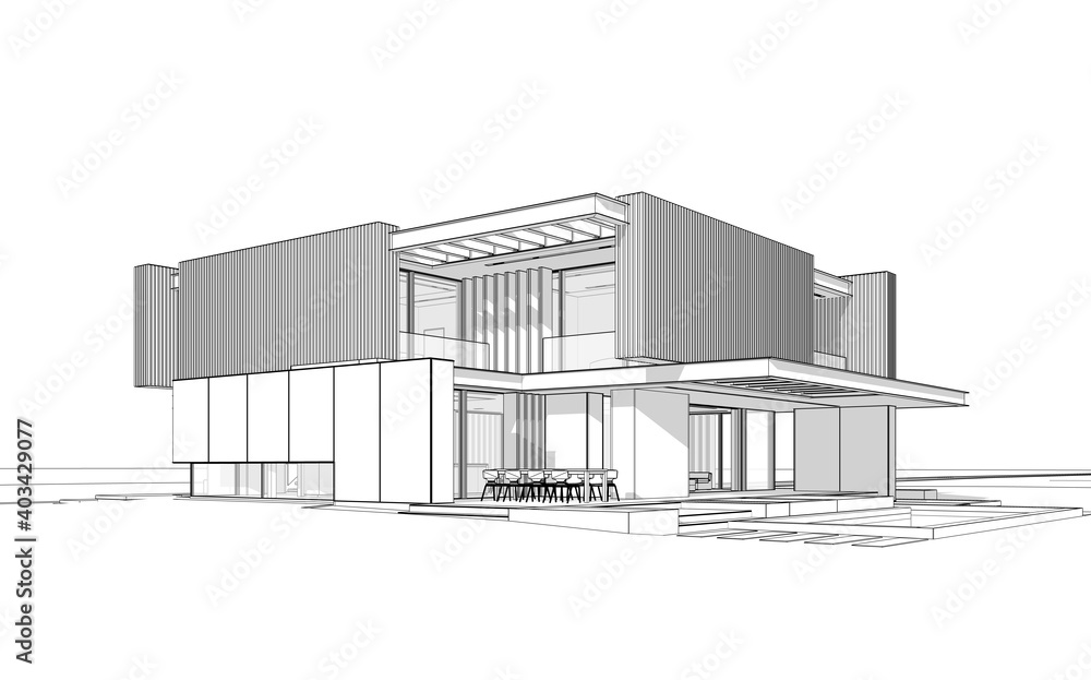3d rendering of modern cozy house with parking and pool for sale or rent with wood plank facade.  Black line sketch with soft light shadows on white background.