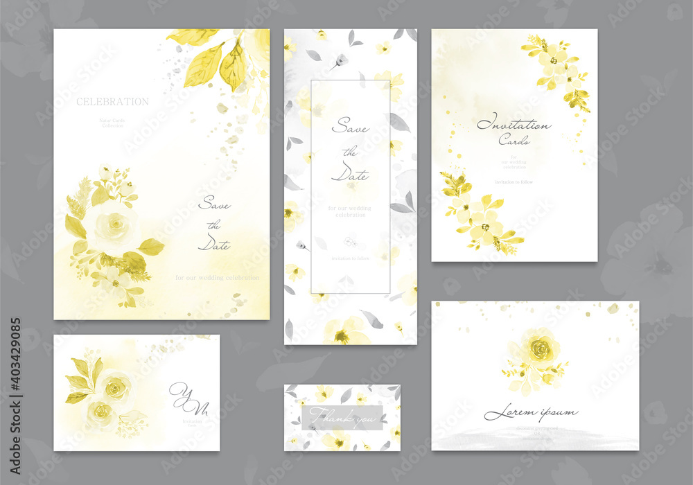 Set of ultimate gray and yellow card with flower rose watercolor