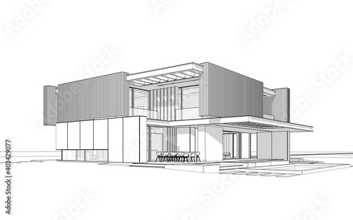 3d rendering of modern cozy house with parking and pool for sale or rent with wood plank facade. Black line sketch with soft light shadows on white background.