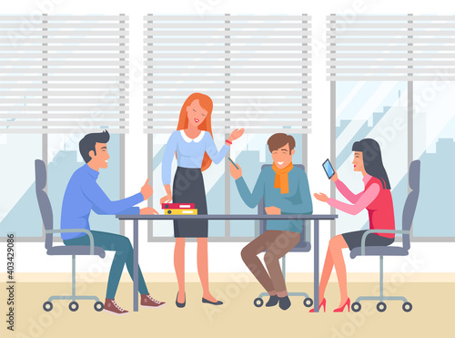 Businesspeople communicating, discuss a project. Happy partners at business meeting, working process. Man manager consulting sitting at a table in office space, talking about conclusion of contract