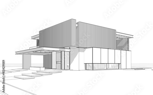 3d rendering of modern cozy house with parking and pool for sale or rent with wood plank facade.  Black line sketch with soft light shadows on white background. © korisbo