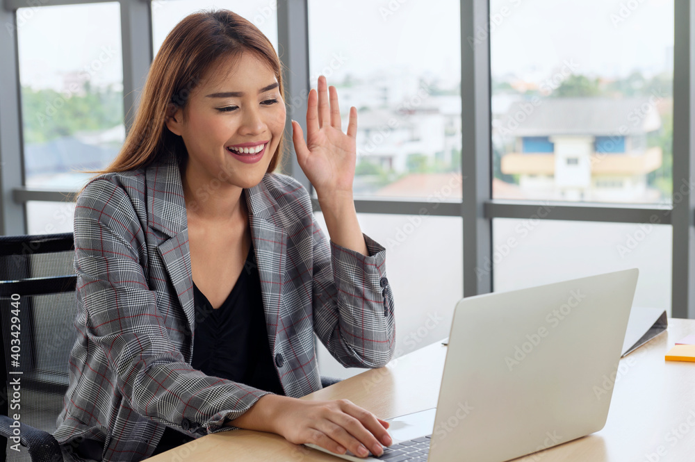 young woman happy smiling video call with friend at home. concept working stay home young woman happy smiling video call with friend at home. concept working stay home
