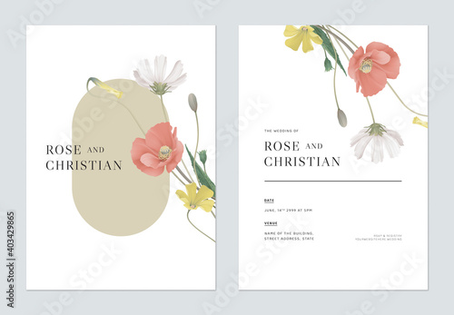 Floral wedding invitation card template design, various flowers bouquet on white