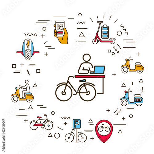 Rent transport web banner. Infographics with linear icons on white background. Creative idea concept. Isolated outline color illustration.