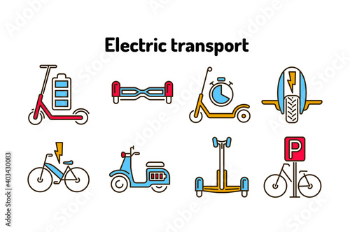 Electric transport color line icons set. Ecological vehicle: bicycle, monowheel, gyrobord, gyroscooter, scooter. Pictograms for web, mobile app, promo. UI UX design element. Editable stroke.