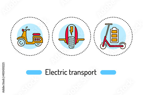 Electric transport outline concept. line color icons. Rent service. Pictograms for web page, mobile app, promo