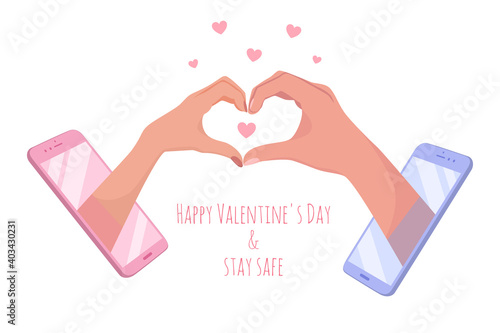 Male and female hands make a heart shape from smartphones. Social distance love concept. Romantic communication in the pandemic and the coronavirus epidemic. Vector illustration